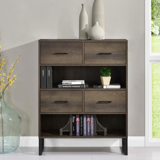 Condon Wooden Bookcase With 4 Fabric Bins In Brown_2