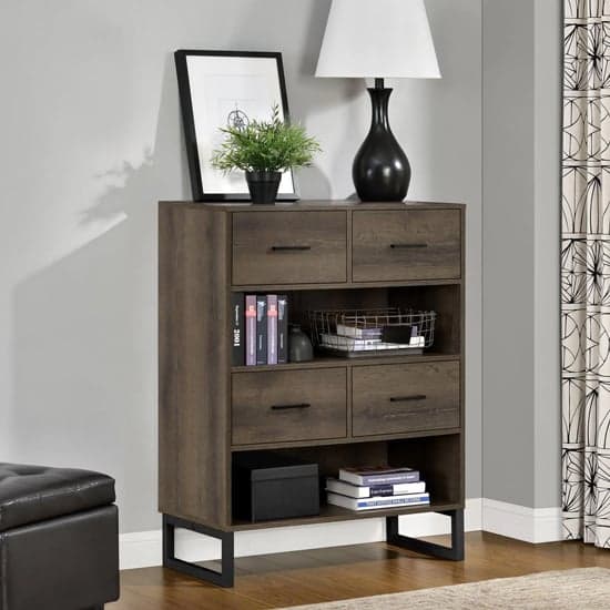 Condon Wooden Bookcase With 4 Fabric Bins In Brown_1