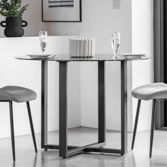 Conoly Round Glass Dining Table In Black Marble Effect_1