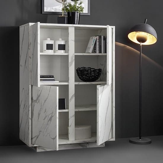 Corvi Wooden Highboard In White Marble Effect With 4 Doors_2