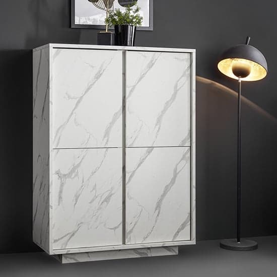 Corvi Wooden Highboard In White Marble Effect With 4 Doors