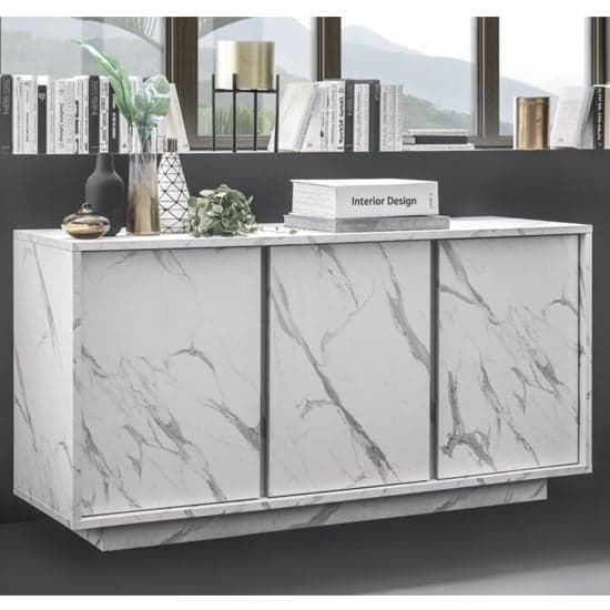 Corvi Wooden Sideboard In White Marble Effect With 3 Doors_1