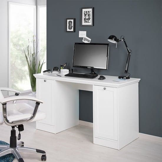 Country Modern Computer Desk In White With 2 Doors