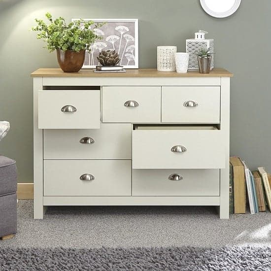 Loftus Wide Chest Of Drawers In Cream With Oak Effect Top_2