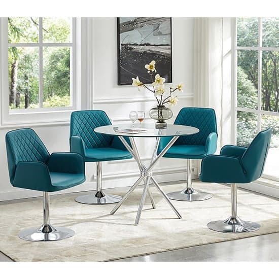 Criss Cross Glass Dining Table With 4 Bucketeer Teal Chairs_1