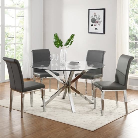 Crossley Round Glass Dining Set With 4 Kirkland Grey Chairs