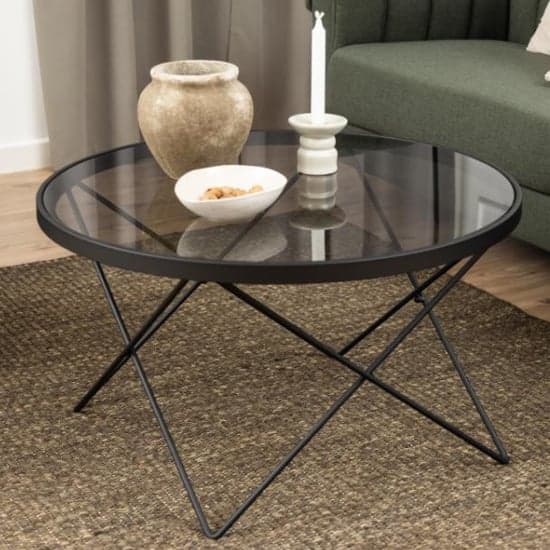 Cuxtun Smoked Glass Coffee Table Round With Black Frame_1
