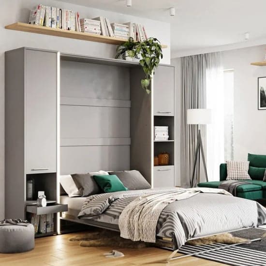 Cyan Small Double Bed With Storage Wall Vertical In Grey LED_1