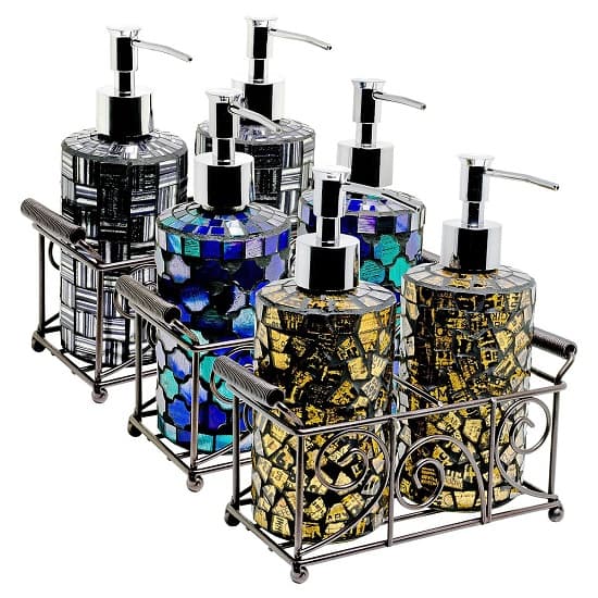 Orion Mosiac Glass Soap Dispensers In Gold With Basket_2