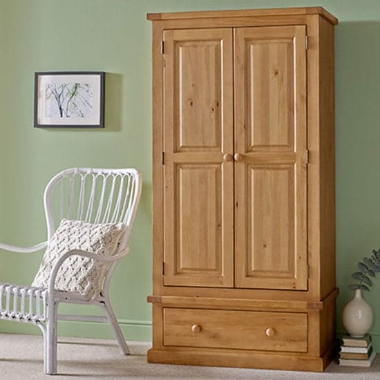 Cyprian Wooden Double Door Wardrobe In Chunky Pine With 1 Drawer_1