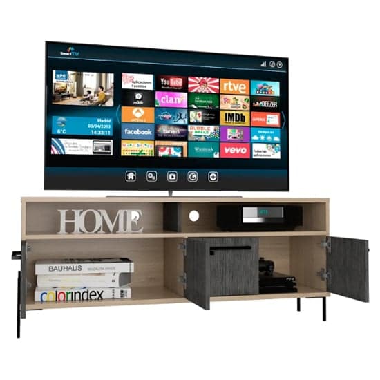 Heswall Wide Wooden TV Stand In Washed Oak And Carbon Grey_2