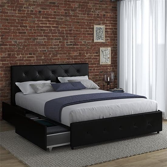 Dakotas Faux Leather Double Bed With Drawers In Black_2