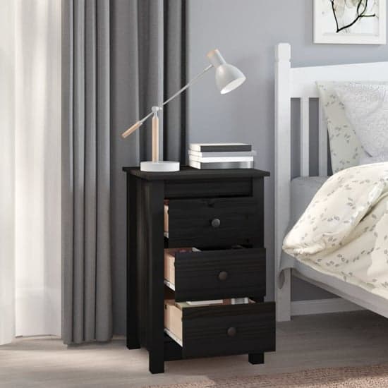 Danik Pine Wood Bedside Cabinet With 3 Drawers In Black_2