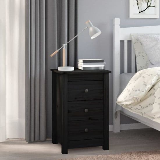 Danik Pine Wood Bedside Cabinet With 3 Drawers In Black_1