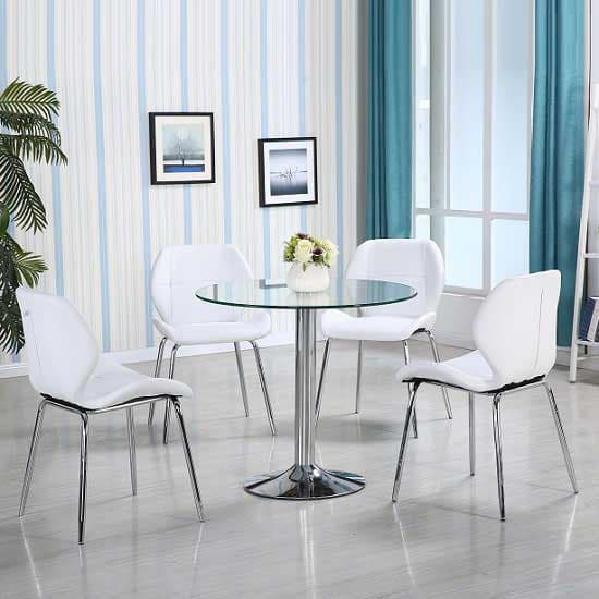 Dante Glass Dining Table In Clear With 4 White Dinky Chairs_1