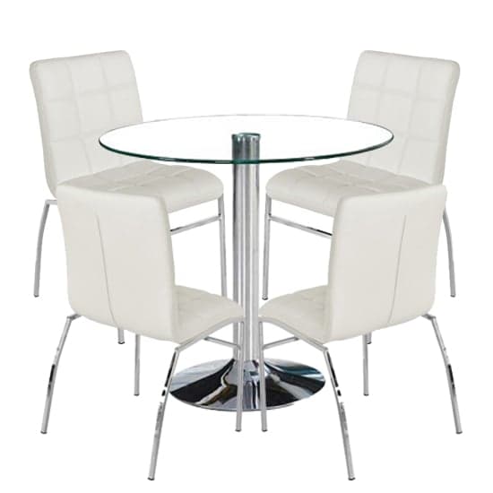 Dante Round Glass Dining Set With 4 White PU Leather Coco Chairs_1