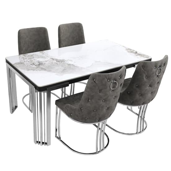 Davos Dining Table White Silver 4 Brixen Grey Faux Leather Chairs_1