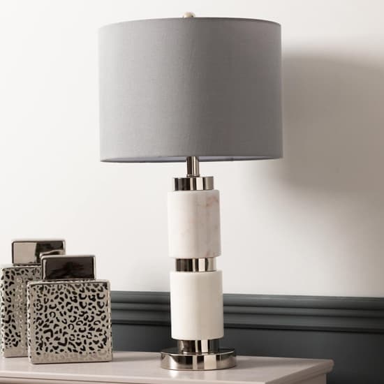 Davos Grey Faux Silk Shade Table Lamp With White Marble Base_2