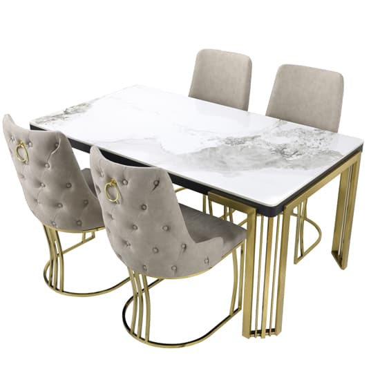 Davos Sintered Stone Dining Table In White With Gold Frame_3