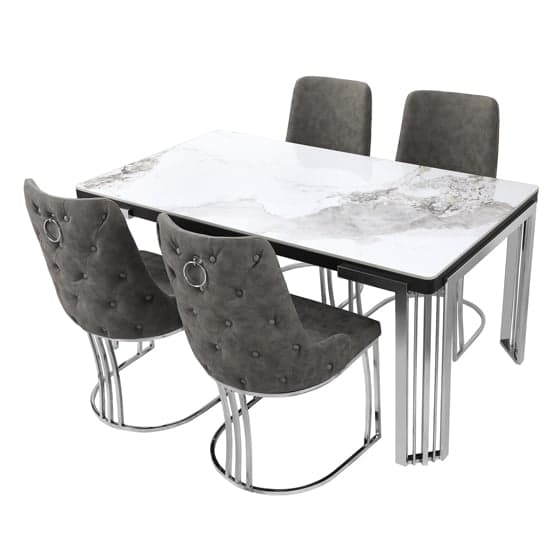 Davos Sintered Stone Dining Table In White With Silver Frame_3