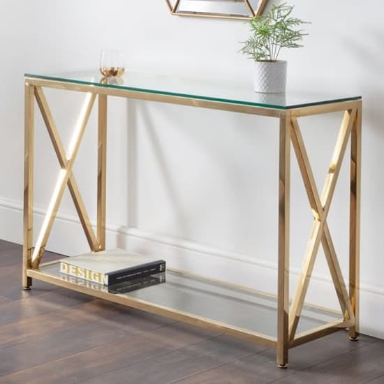 Maemi Glass Console Table With Gold Stainless Steel Frame_1