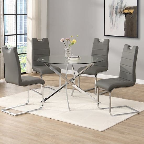 Daytona Round Glass Dining Table With 4 Petra Grey Chairs_1