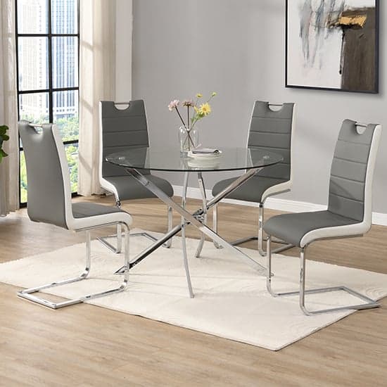Daytona Round Glass Dining Table With 4 Petra Grey White Chairs_1