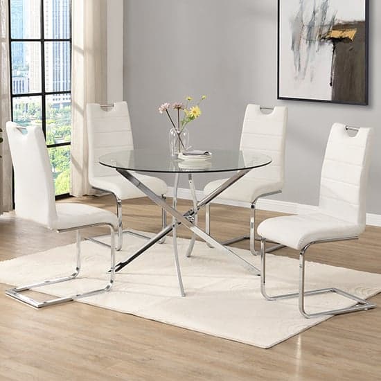 Daytona Round Glass Dining Table With 4 Petra White Chairs_1