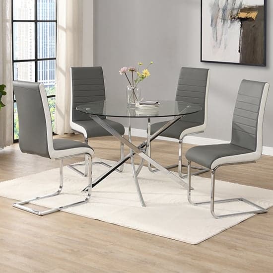 Daytona Round Glass Dining Table With 4 Symphony Grey White Chairs_1