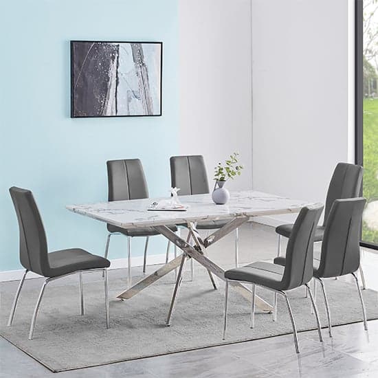 Deltino Diva Marble Effect Dining Table With 6 Opal Grey Chairs Furniture in Fashion
