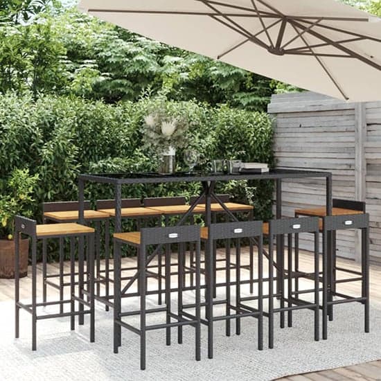Denji Solid Wood 11 Piece Garden Bar Set In Black Poly Rattan_1