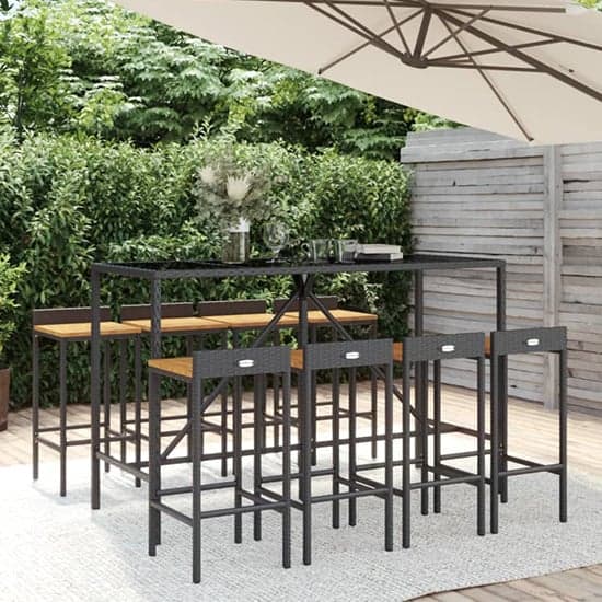 Denji Solid Wood 9 Piece Garden Bar Set In Black Poly Rattan_1