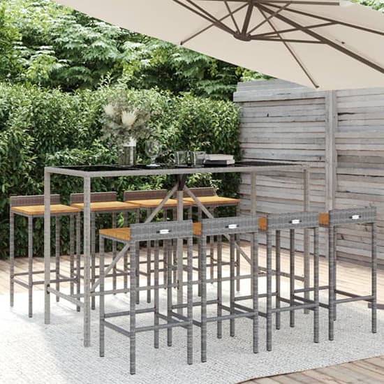 Denji Solid Wood 9 Piece Garden Bar Set In Grey Poly Rattan_1