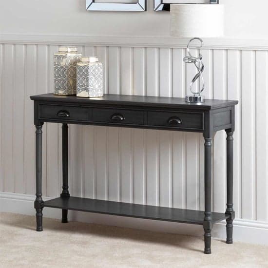 Denver Pine Wood Console Table Large With 3 Drawers In Grey_1