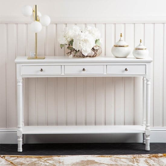 Denver Pine Wood Console Table Large With 3 Drawers In White_1