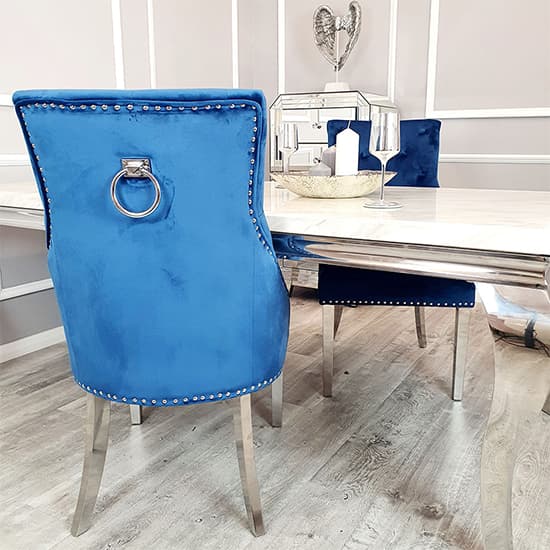 Dessel Plain Knocker Blue Velvet Dining Chairs In Pair_4