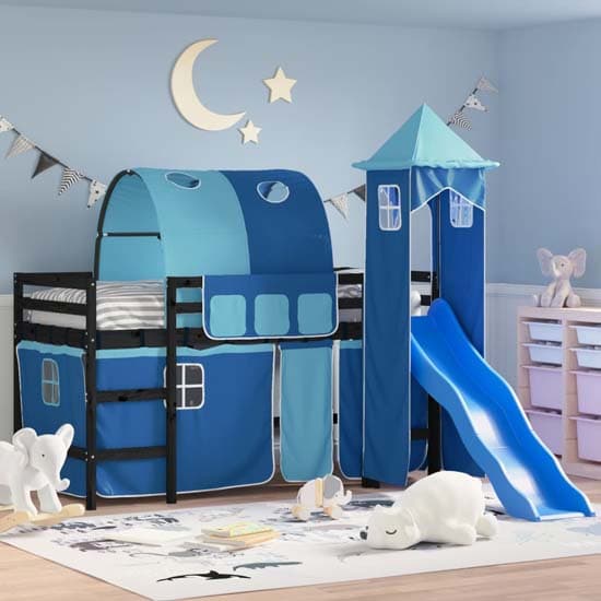 Destin Pinewood Kids Loft Bed In Black With Blue Tower_1