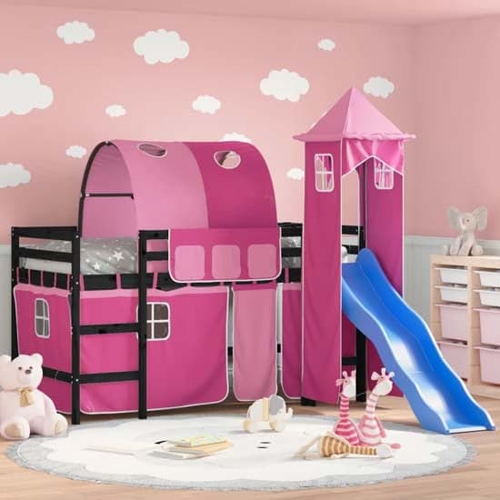 Destin Pinewood Kids Loft Bed In Black With Pink Tower_1