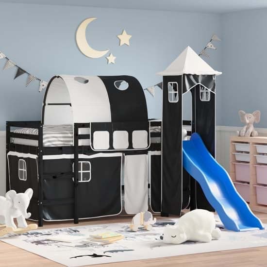 Destin Pinewood Kids Loft Bed In Black With White Black Tower_1