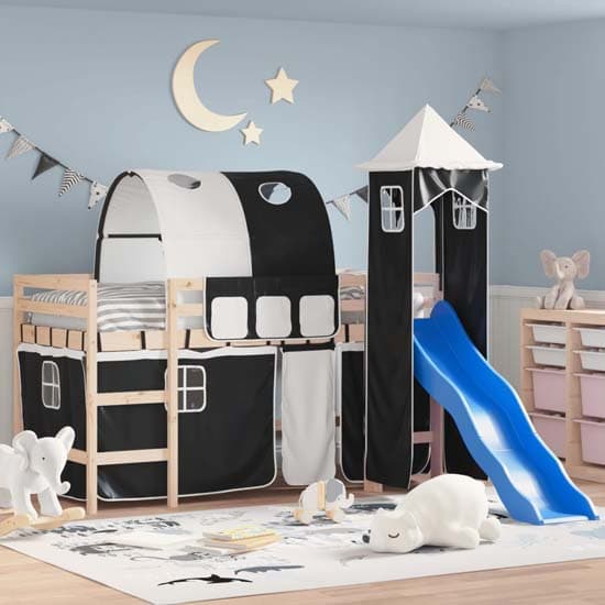 Destin Pinewood Kids Loft Bed In Natural With White Black Tower_1
