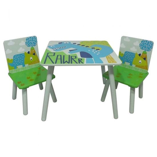 Dinosaur Kids Square Table With 2 Chairs In Green And White_1