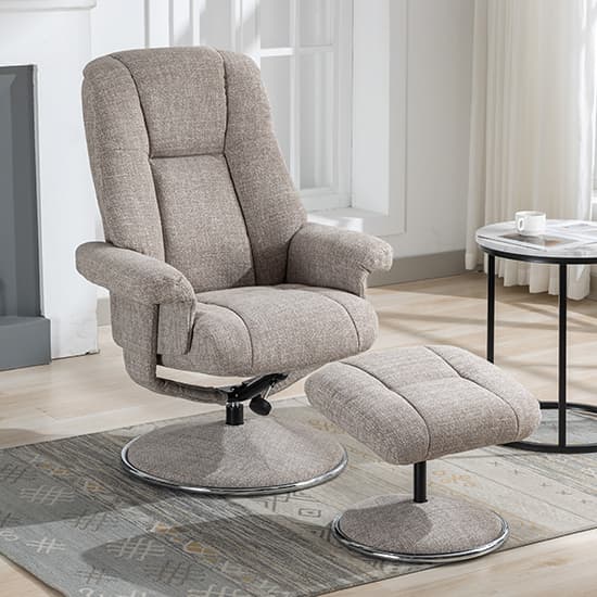 Dollis Fabric Swivel Recliner Chair And Stool In Chacha Oat_3