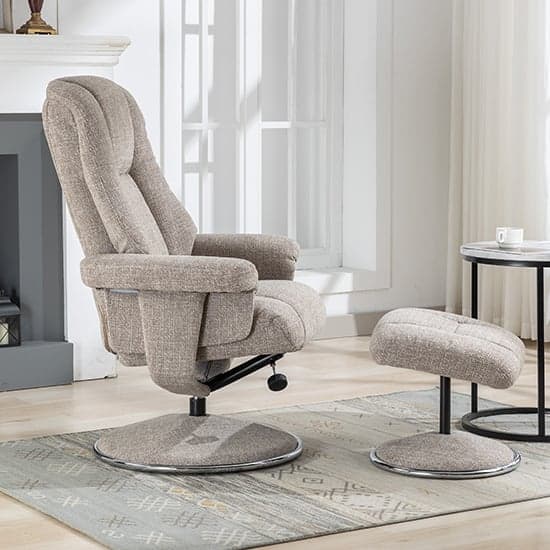 Dollis Fabric Swivel Recliner Chair And Stool In Chacha Oat_9