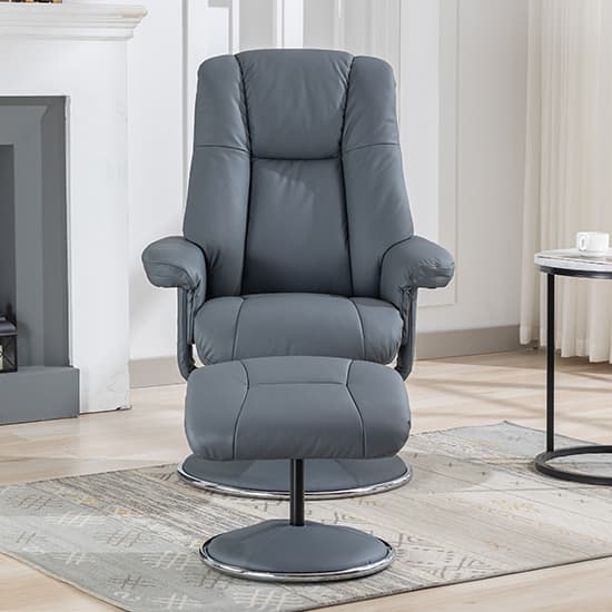 Dollis Leather Match Swivel Recliner Chair And Stool In Blue_4