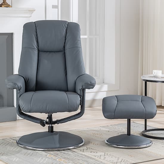 Dollis Leather Match Swivel Recliner Chair And Stool In Blue_5