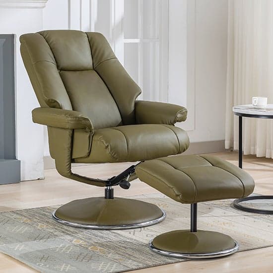 Dollis Leather Match Swivel Recliner Chair And Stool In Green_2