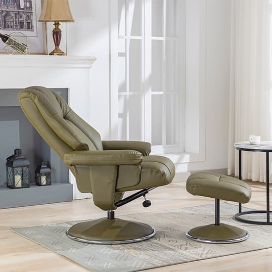 Dollis Leather Match Swivel Recliner Chair And Stool In Green_3