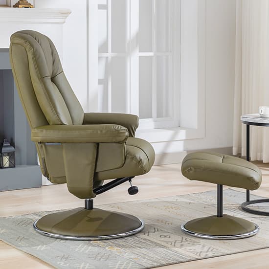 Dollis Leather Match Swivel Recliner Chair And Stool In Green_4