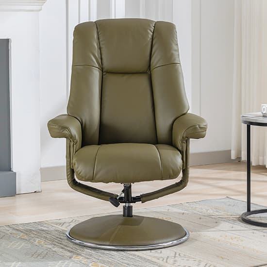 Dollis Leather Match Swivel Recliner Chair And Stool In Green_7