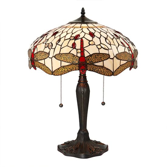 Dragonfly Beige Medium Tiffany Glass Table Lamp In Dark Bronze_2